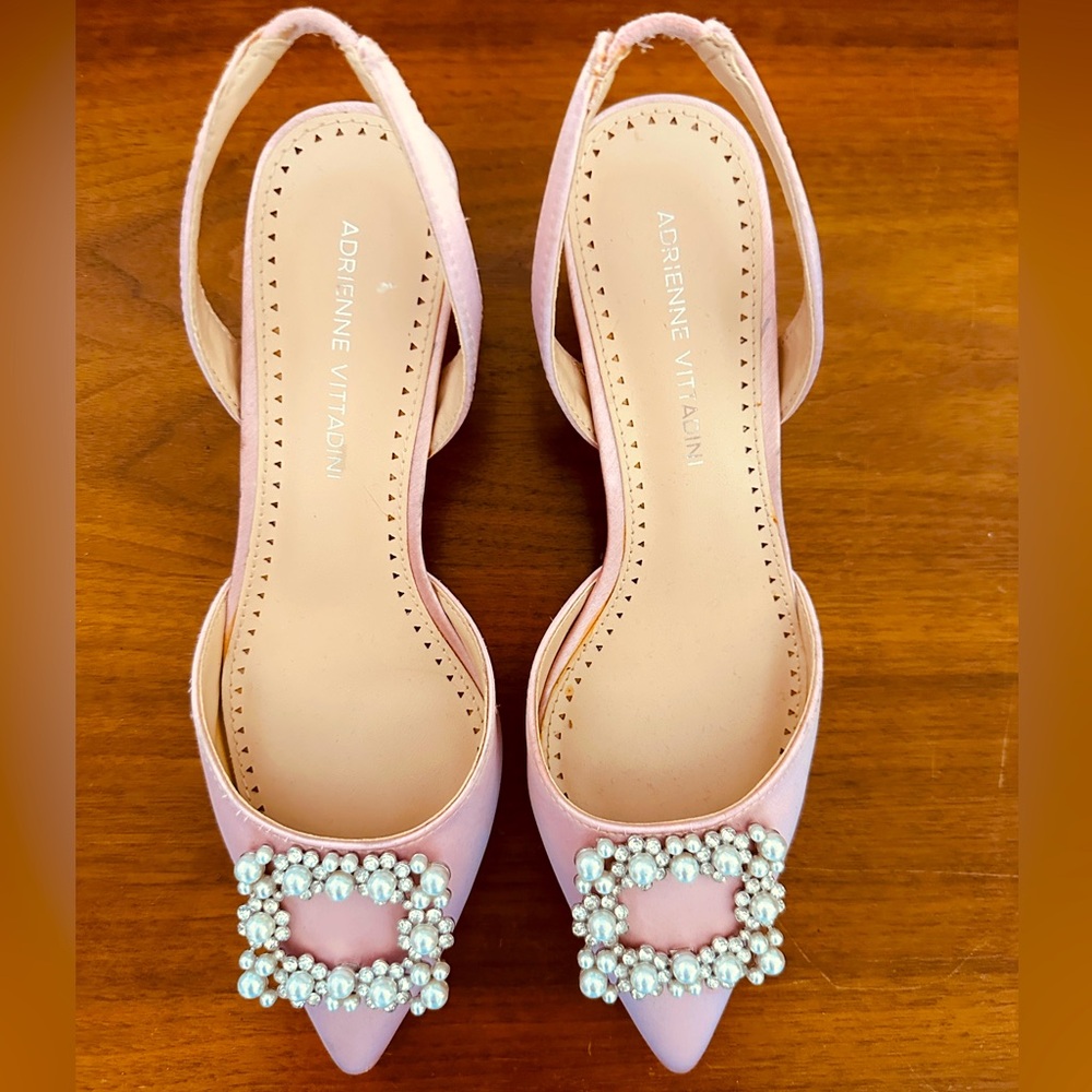 Adrienne Vittadini Heels Suza Pink Satin Rhinestone Pearl Sling Shoes Size 6.5